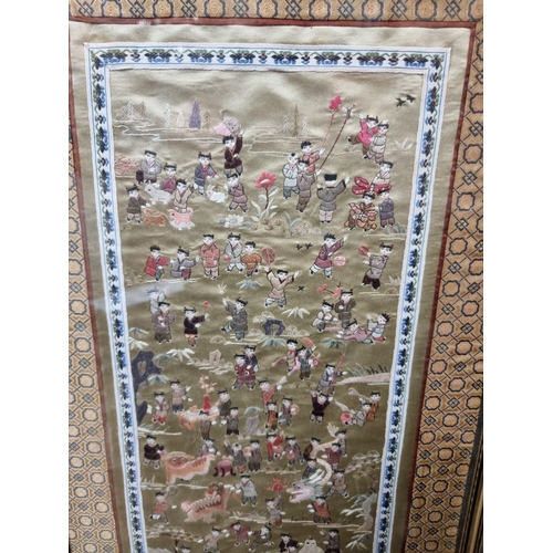 1214 - A Chinese silk embroidered 'Hundred Boys' panel, 65 x 33cm; together with a small quantity of Japane... 