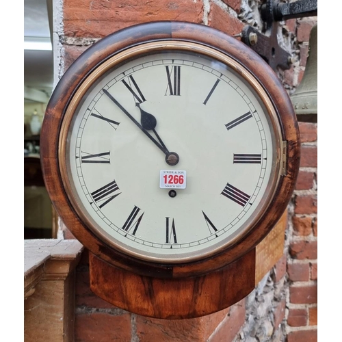 1266 - An old mahogany drop dial wall clock, with 10in painted circular dial, with pendulum.... 