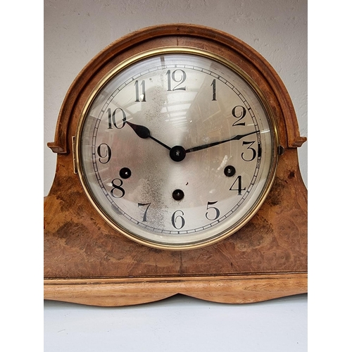 1278 - A 1930s walnut Wellington mantel clock, striking on five straight gongs, 41cm wide.