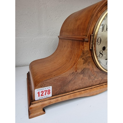 1278 - A 1930s walnut Wellington mantel clock, striking on five straight gongs, 41cm wide.