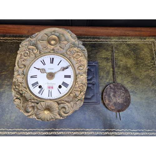 1616 - An antique French brass comtoise clock, the 8 1/4in enamel dial inscribed 'Nehou a Cherbourg', ... 