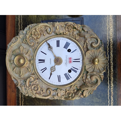 1616 - An antique French brass comtoise clock, the 8 1/4in enamel dial inscribed 'Nehou a Cherbourg', ... 