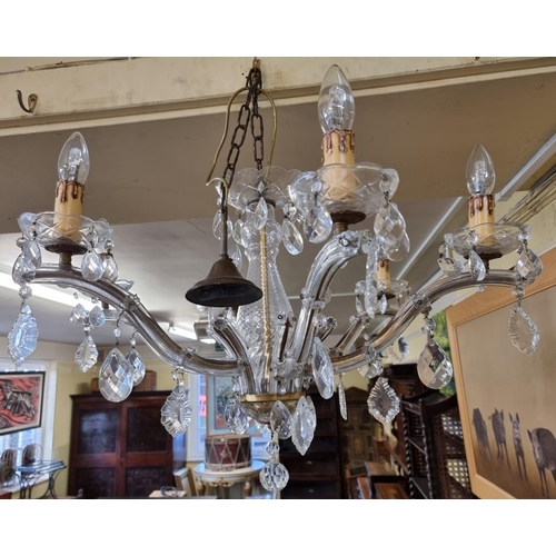 1672 - An old glass six branch chandelier, approx 47cm high. 