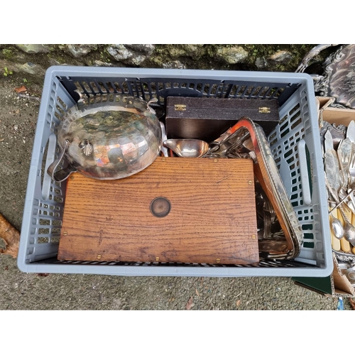 1681 - Three boxes of silverplate, to include a silver plated twin handled tray.