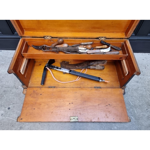 1687 - An old wooden tool chest, 79cm wide; together with a quantity of tools.