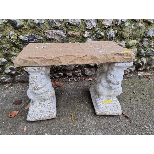 1701 - A white painted composition stone and sandstone bench, 60cm wide.