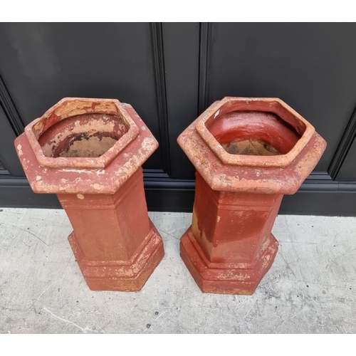 1702 - A pair of old red composition stone hexagonal chimney pot style planters, 62cm high x 36cm wide.... 