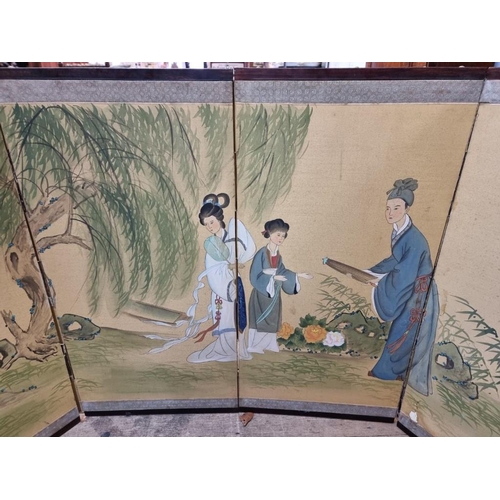 1065 - A Chinese watercolour painted four fold screen, signed, each panel 89.5 x 44cm.