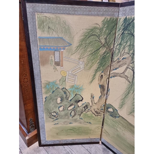 1065 - A Chinese watercolour painted four fold screen, signed, each panel 89.5 x 44cm.