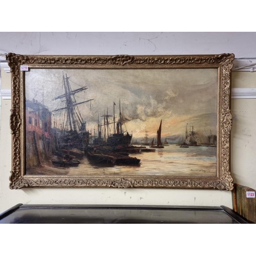 1238 - Charles Wyllie, Thames lightermen, signed, oil on canvas, 44.5 x 80cm.