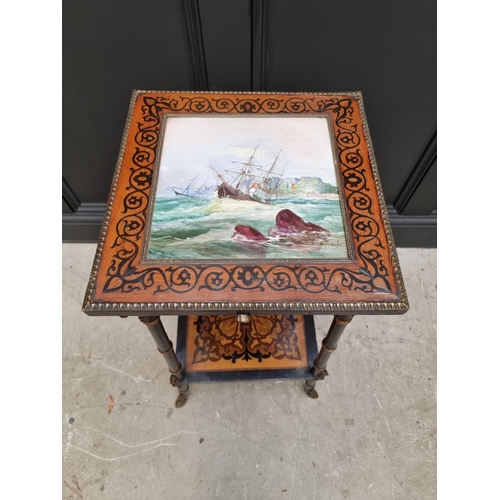 1056 - An unusual late 19th century Egyptian revival ebonized and inlaid occasional table, the top inset wi... 