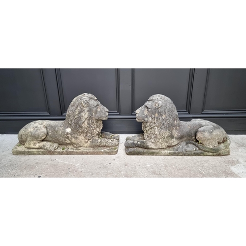 1777 - A pair of old weathered composition stone recumbent lions, 71cm long.