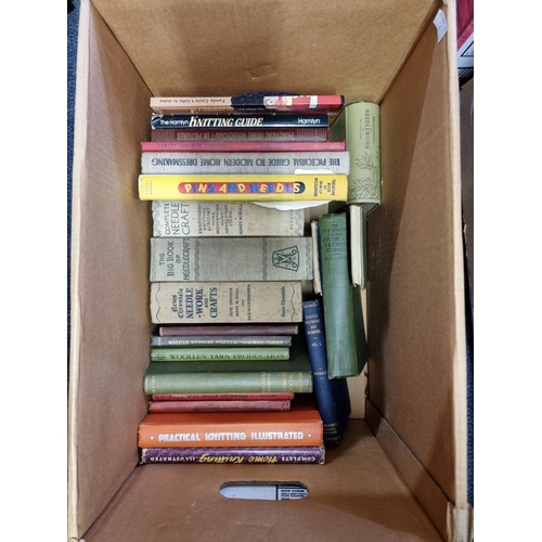 175 - TEXTILES: box of misc. books relating to textile manufacture, needlework, knitting, etc. (Box)... 