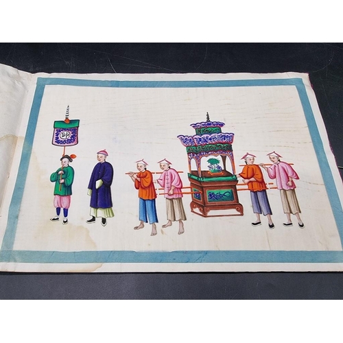 33 - CHINESE PITH PAINTINGS: album of 12 paintings depicting ceremonies, five of which with faults, late ... 