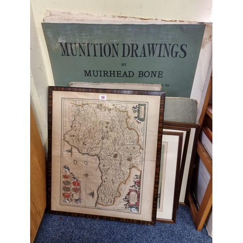 58 - PRINTS & MAPS: a quantity, to include folio of large military prints by Muirhead Bone, 4 aq... 