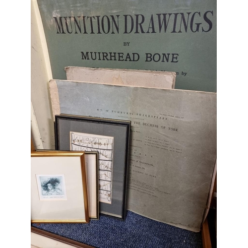 58 - PRINTS & MAPS: a quantity, to include folio of large military prints by Muirhead Bone, 4 aq... 