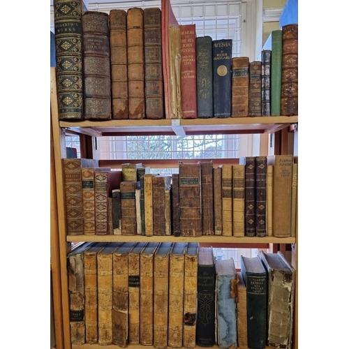 67 - ANTIQUARIAN: a quantity of misc. antiquarian books over 3 shelves, mixed cloth and leather bindings,... 