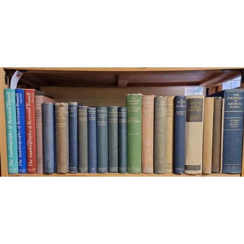 90 - BERTRAND RUSSELL: a collection of 29 volumes by and about Bertrand Russell over one shelf. (Qty... 