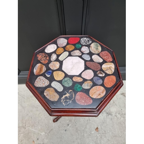 1095 - A carved walnut and specimen marble octagonal tripod table, 38cm wide. 