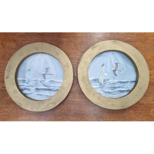 1128 - Roger H..., gulls in flight, a pair, one indistinctly signed, watercolour, 27.5cm diameter, in porth... 