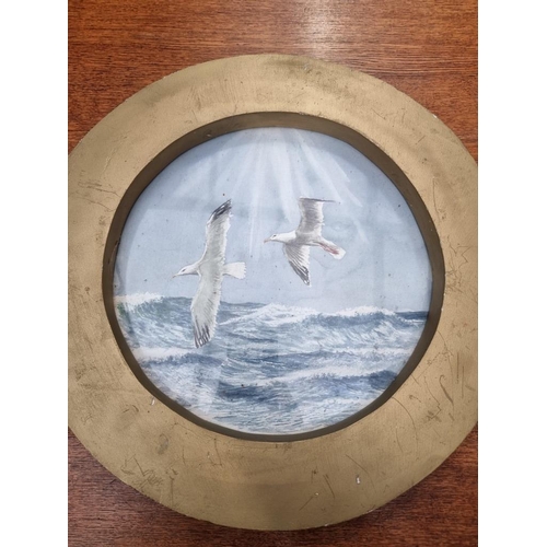 1128 - Roger H..., gulls in flight, a pair, one indistinctly signed, watercolour, 27.5cm diameter, in porth... 