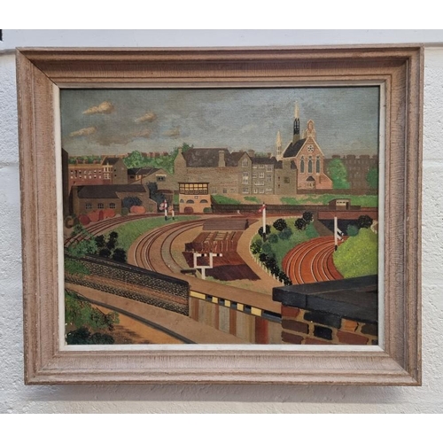 1140 - WITHDRAWN: British Primitive School, 20th century, 'The Railway', oil on canvas, 49 x 60cm.... 