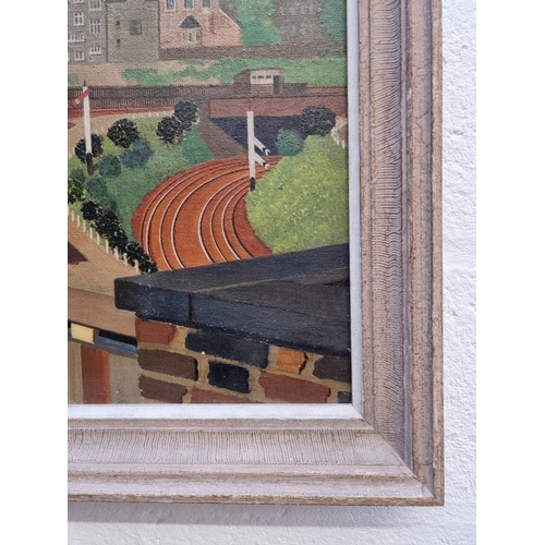 1140 - WITHDRAWN: British Primitive School, 20th century, 'The Railway', oil on canvas, 49 x 60cm.... 