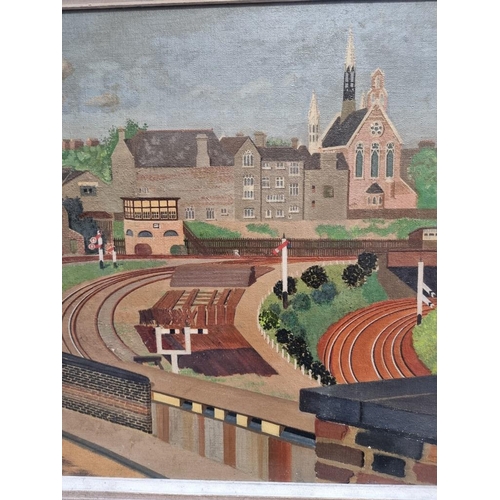 1140 - WITHDRAWN: British Primitive School, 20th century, 'The Railway', oil on canvas, 49 x 60cm.... 