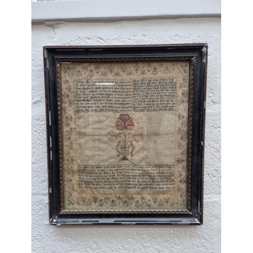 1152 - A 19th century verse sampler, 37.5 x 32cm. This sampler features a Quaker poem by Thomas Ellwoo... 