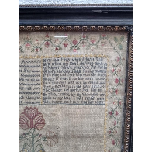 1152 - A 19th century verse sampler, 37.5 x 32cm. This sampler features a Quaker poem by Thomas Ellwoo... 