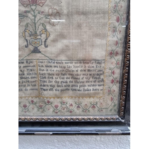 1152 - A 19th century verse sampler, 37.5 x 32cm. This sampler features a Quaker poem by Thomas Ellwoo... 