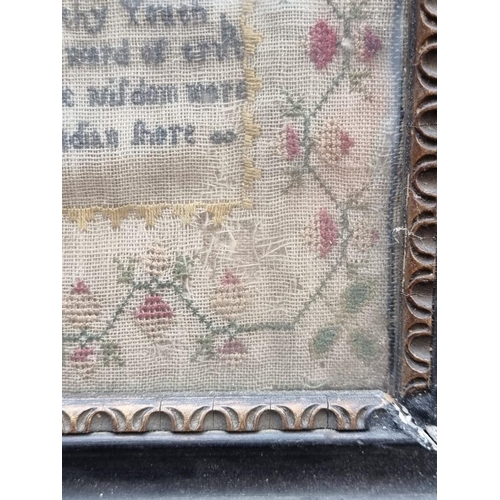 1152 - A 19th century verse sampler, 37.5 x 32cm. This sampler features a Quaker poem by Thomas Ellwoo... 