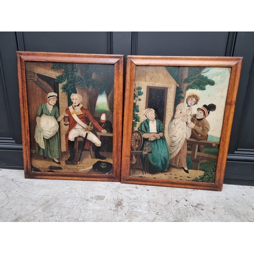 1157 - British Naive School, 19th century, figures by a cottage, a pair, oil on panel, 60 x 46cm. (2) ... 