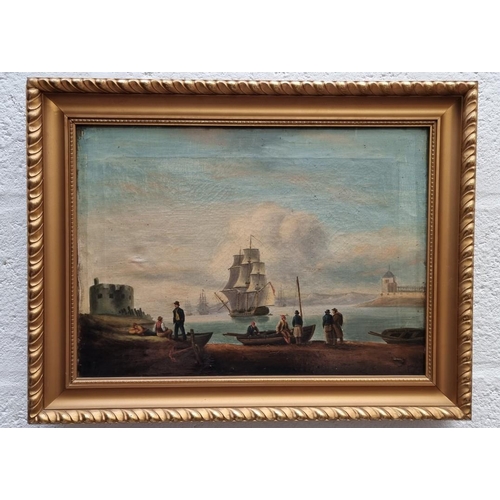 1162 - Circle of Thomas Luny, a coastal scene, oil on canvas, 32 x 44.5cm. 