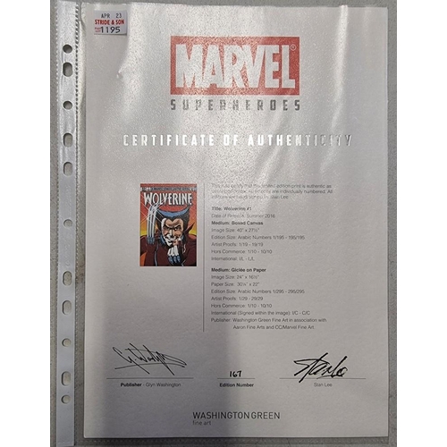 1195 - Stan Lee, Marvel Superheroes, 'Wolverine #1', signed and numbered 167/295, giclee print, with CoA, I... 