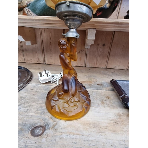 1204 - An Art Deco glass figural table lamp, total height 40cm; together with two Art Deco trays. (3)&... 