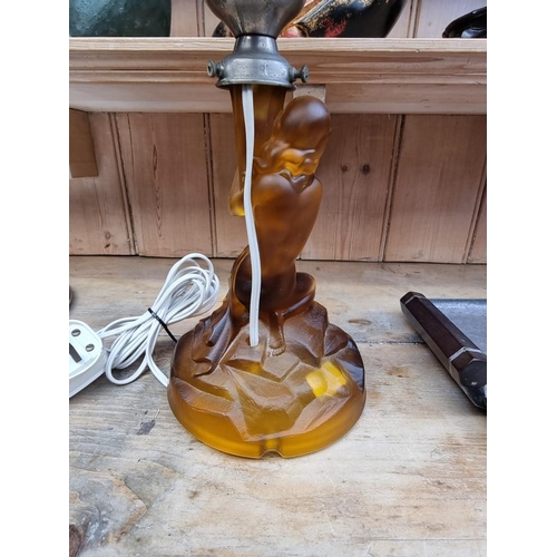 1204 - An Art Deco glass figural table lamp, total height 40cm; together with two Art Deco trays. (3)&... 