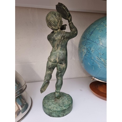 1236 - A pottery figure of a cherub with tambourine, with verdigris surface, 43cm high.... 