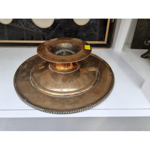 1249 - A Victorian brass pedestal dish, with engraved decoration, 32.5cm diameter.