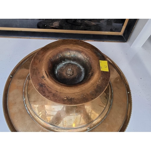 1249 - A Victorian brass pedestal dish, with engraved decoration, 32.5cm diameter.