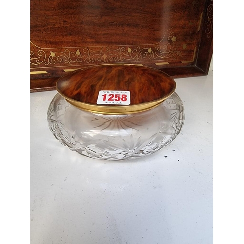 1258 - A tortoiseshell and gilt brass lidded cut glass bowl, 17.5cm diameter; together with a Thun pottery ... 