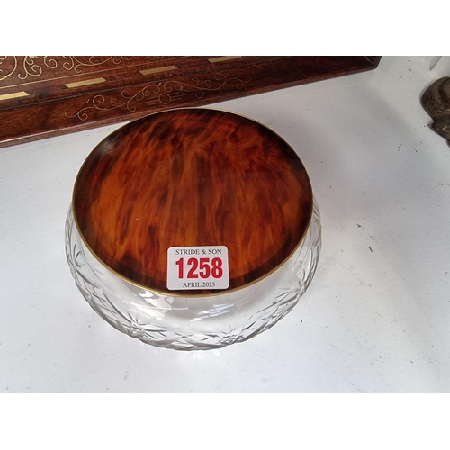 1258 - A tortoiseshell and gilt brass lidded cut glass bowl, 17.5cm diameter; together with a Thun pottery ... 