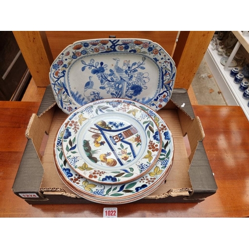 1274 - Two pairs of French tin glazed pottery plates; together with two Victorian ironstone plates. (6)... 