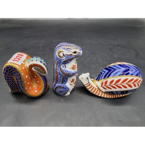 1310 - Three Royal Crown Derby Imari paperweights, comprising: snake; snail, (second); and chipmunk. (3)... 