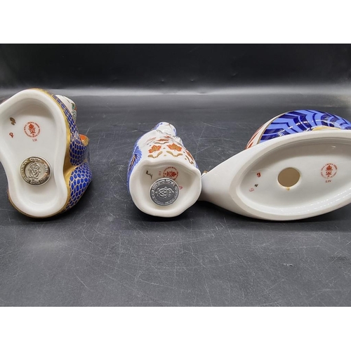 1310 - Three Royal Crown Derby Imari paperweights, comprising: snake; snail, (second); and chipmunk. (3)... 