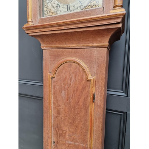 1335 - An 18th century oak, painted and parcel gilt 8 day longcase clock, the 11in arched brass dial inscri... 