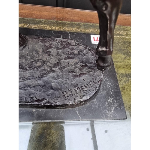 1371 - After P J Mene, a bronze racehorse and jockey, on marble base, 42.5cm.