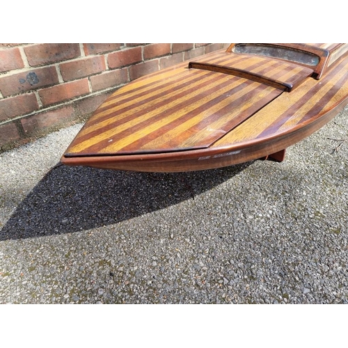 1373 - A large mahogany model launch or speedboat, with engine, 164cm long, on wood stand. ... 