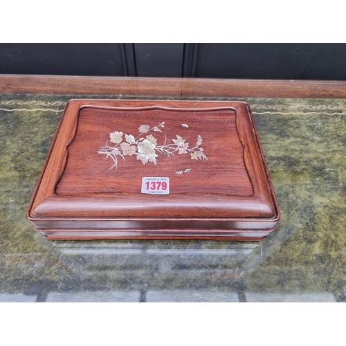 1379 - A Chinese hardwood and mother-of pearl inlaid rectangular box and cover, 27cm diameter. ... 