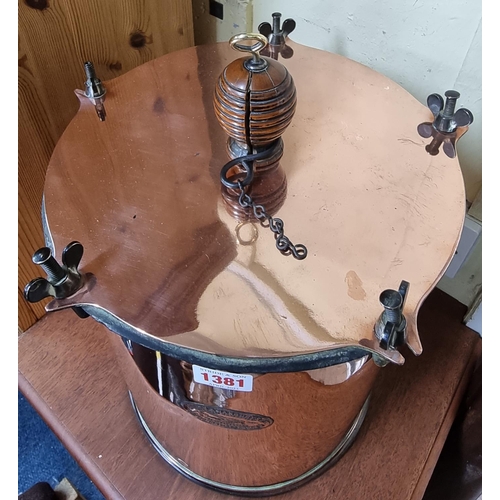 1381 - An antique copper autoclave, by 'Allen & Hanbury Ltd', with turned wood handle, 38.5cm high. Pro... 